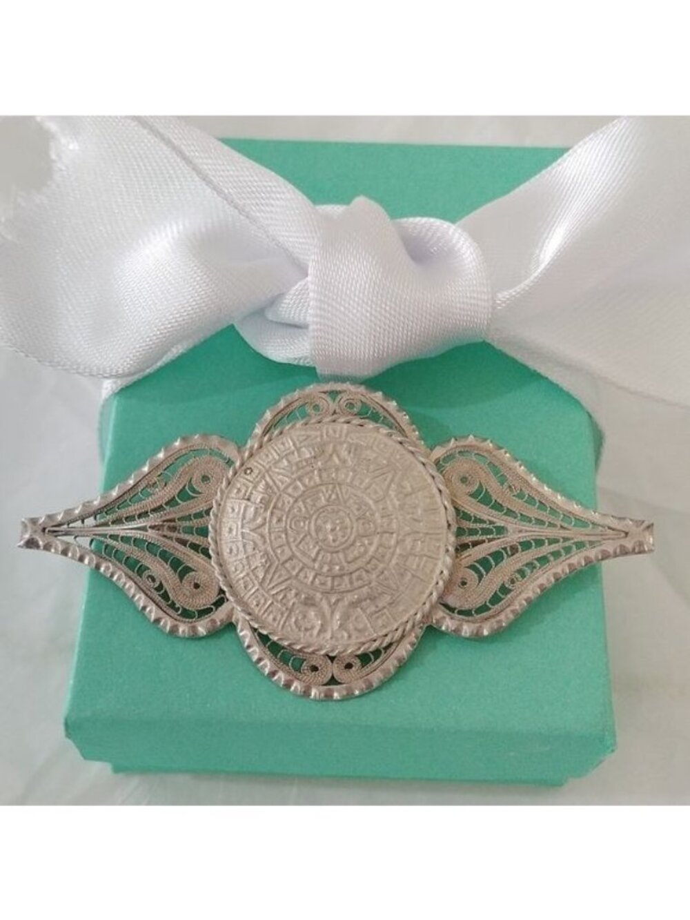 Vintage Sterling Silver Filigree Mayan Aztec Sun Calendar  Brooch Pin